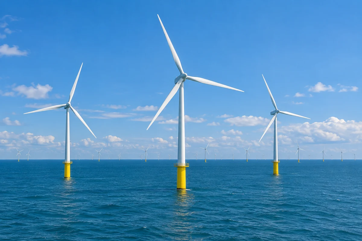 Offshore wind farm with complete turbines at sea (AI-generated application illustration)