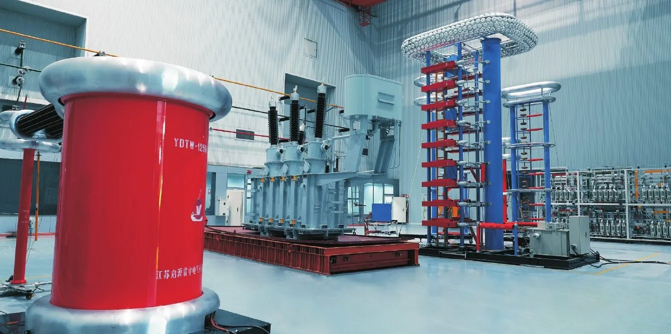 Large transformer test hall with impulse generator and test transformer