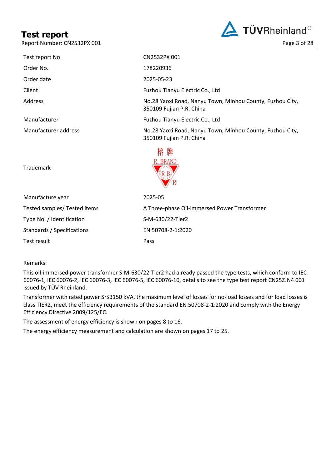 630 kVA Tier 2 Efficiency Test Report key page 2